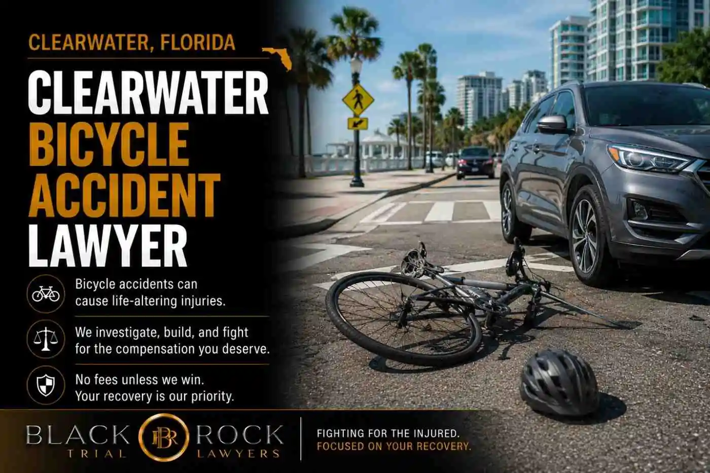 After a bicycle crash in Clearwater, Florida, Black Rock Trial Lawyers presents a damaged bike beside an SUV at a crosswalk and underscores serious injury claims.