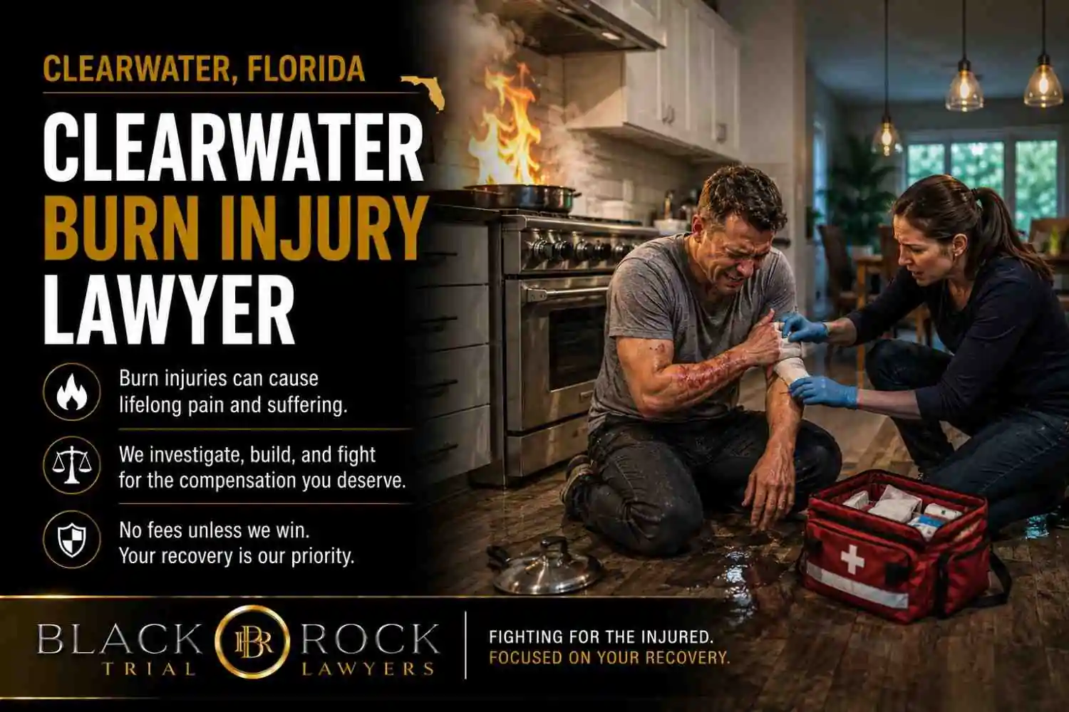 After a kitchen fire in Clearwater, Florida, a burn injury lawyer message appears beside an injured man receiving emergency aid from a medic.
