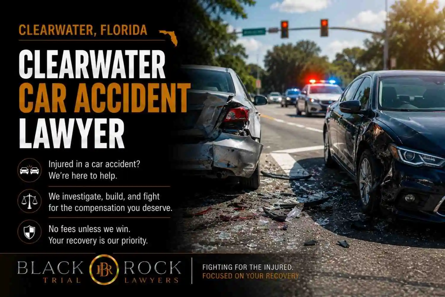 Clearwater car accident lawyer message beside a crash scene with damaged vehicles, police lights, and Black Rock Trial Lawyers branding in Florida.