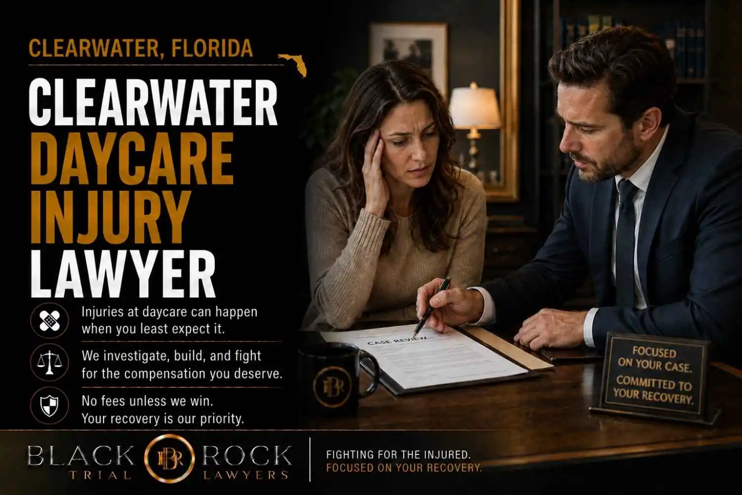 A Clearwater daycare injury lawyer from Black Rock Trial Lawyers reviews a case with a worried parent after an incident in Clearwater, Florida.