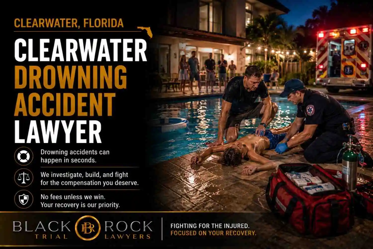 In Clearwater, Florida, Black Rock Trial Lawyers shows emergency responders treating a drowning accident victim beside a pool at night after a rescue.