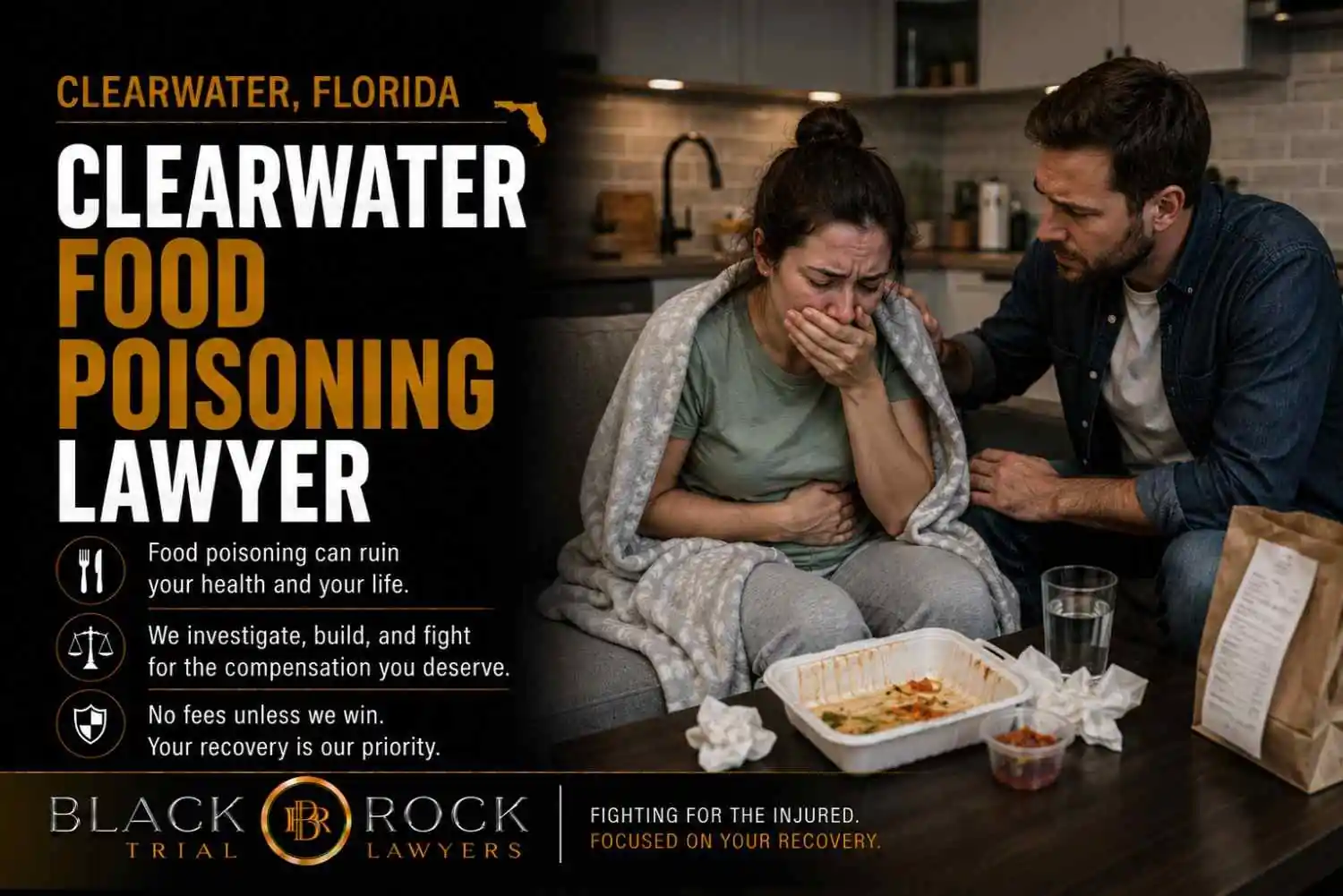 A distressed woman sits with stomach pain while a man comforts her after food poisoning in a Clearwater, Florida home, beside leftovers and takeout.