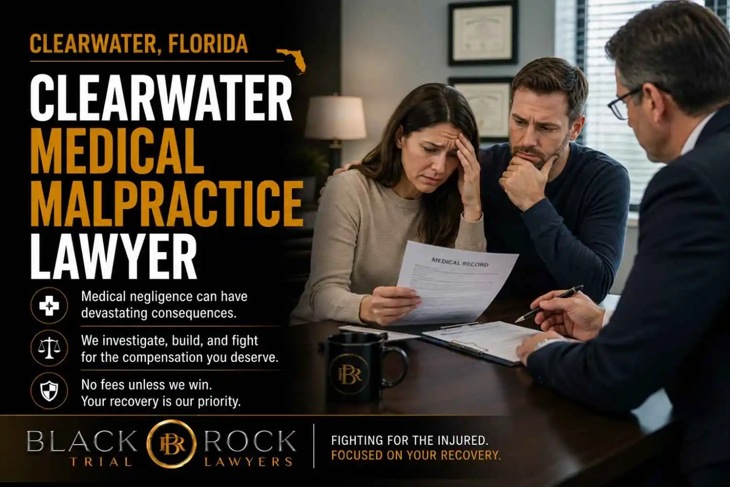 A distressed couple reviews medical records with Black Rock Trial Lawyers as Clearwater Medical Malpractice Lawyer text appears beside a consultation.