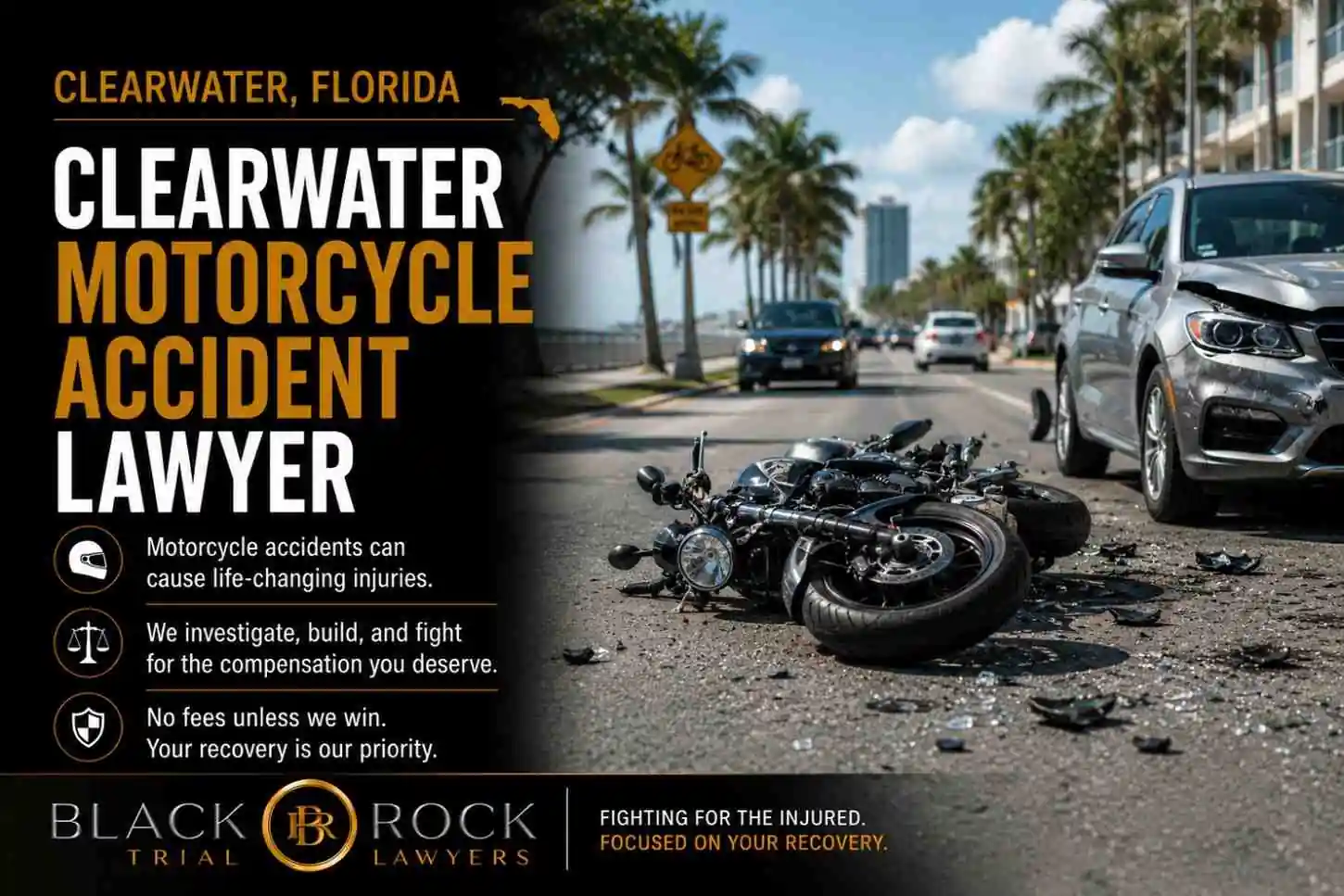 Clearwater Motorcycle Accident Lawyer text overlays a crash scene with a wrecked motorcycle, shattered debris, and a damaged SUV on a sunny Florida street.