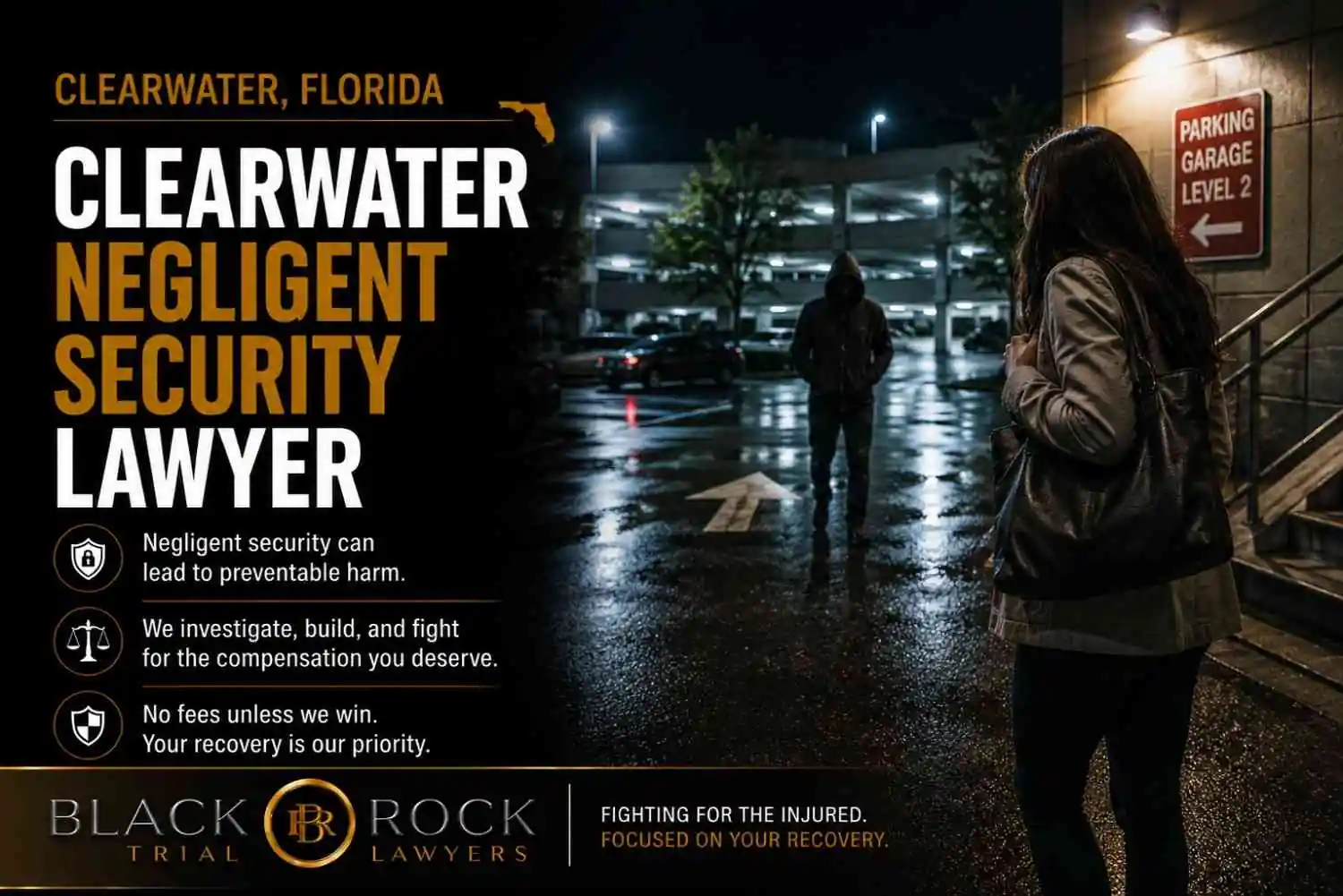 At night in Clearwater, Florida, a woman passes a hooded figure near a parking garage as Black Rock Trial Lawyers references negligent security and preventable harm.