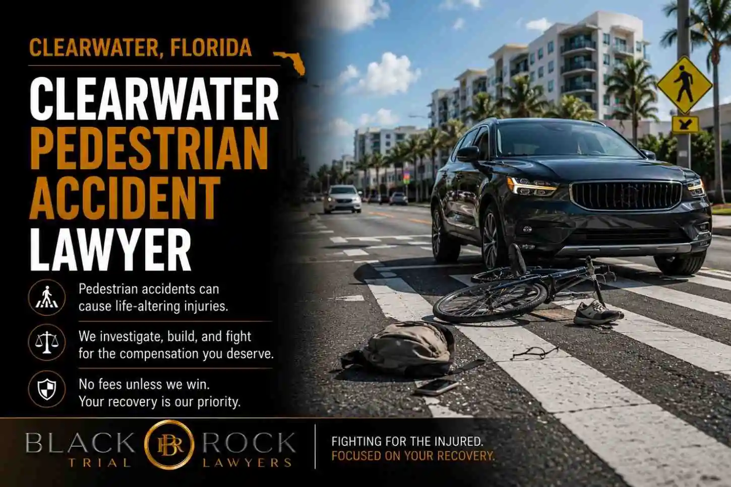 After a pedestrian accident in Clearwater, Florida, Black Rock Trial Lawyers presents a crosswalk crash scene with a car, bicycle, and warning sign.