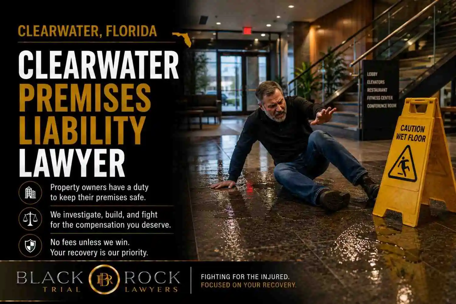 Clearwater premises liability lawyer graphic showing a man slipping on a wet lobby floor beside a caution sign, with Black Rock Trial Lawyers branding.