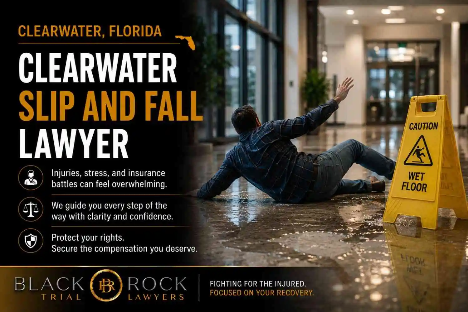 A wet-floor slip and fall case in Clearwater, Florida shows a fallen man beside a caution sign, with Black Rock Trial Lawyers addressing injury claims.