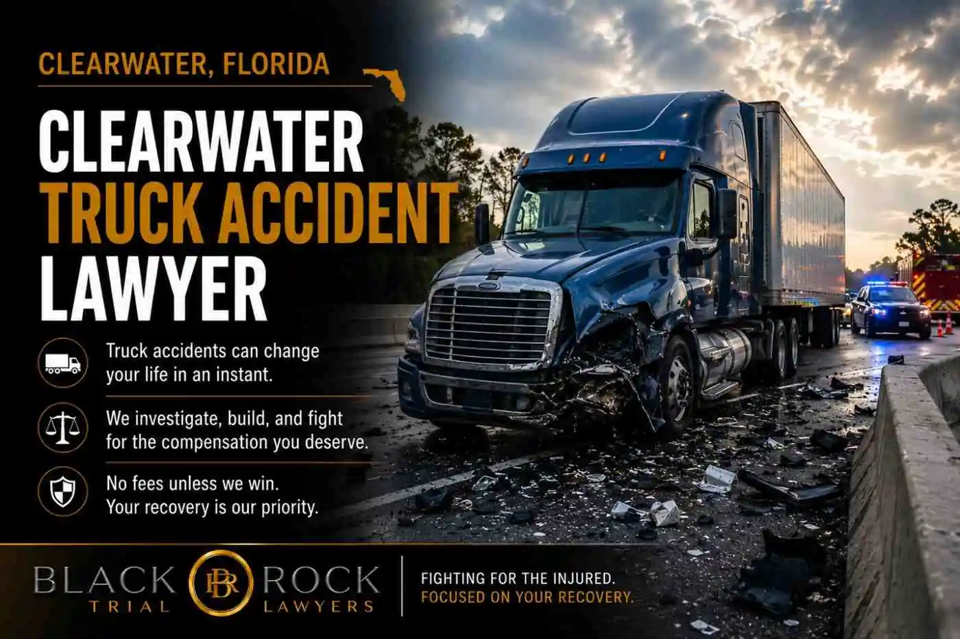 After a serious Clearwater truck accident, a blue semi-truck sits wrecked on the roadside as Black Rock Trial Lawyers fights for compensation in Florida.