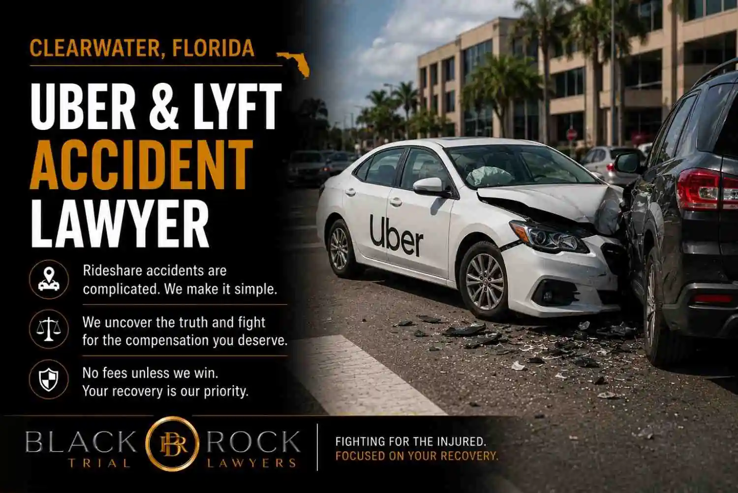 A white Uber sedan crashes into an SUV in Clearwater, Florida, with Black Rock Trial Lawyers branding and rideshare accident lawyer text.
