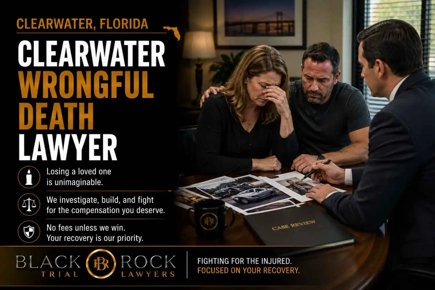 In a Clearwater, Florida wrongful death case, Black Rock Trial Lawyers meets with grieving family members to review accident evidence and discuss compensation.