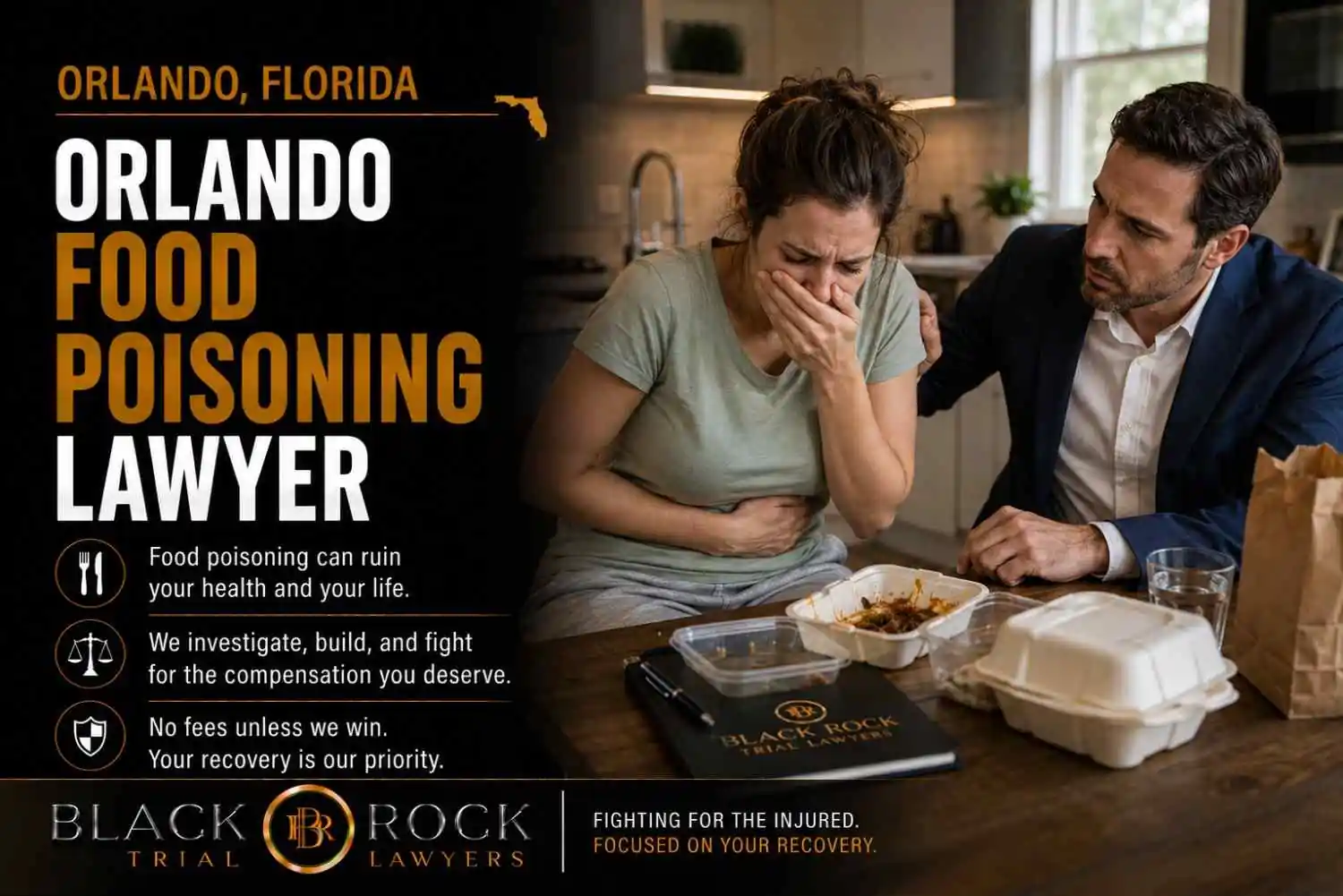 After food poisoning, a distressed woman sits with a lawyer in a kitchen while Black Rock Trial Lawyers promotes Orlando Food Poisoning Lawyer help.