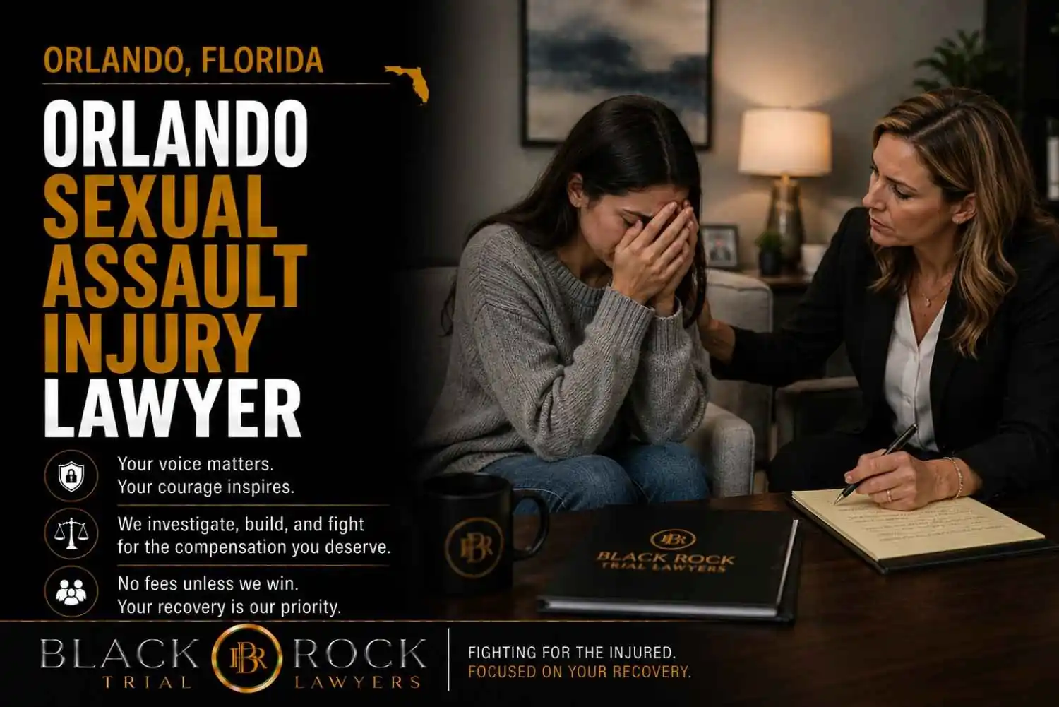 A distressed woman speaks with a Black Rock Trial Lawyers attorney in Orlando, Florida, beside bold "Orlando Sexual Assault Injury Lawyer" text.