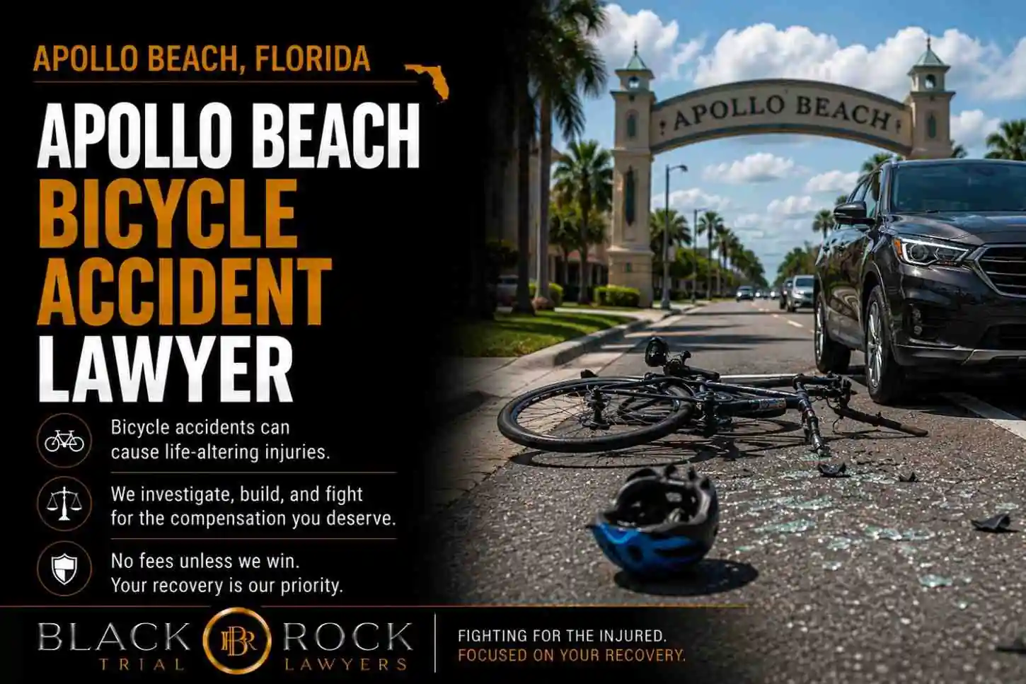 Apollo Beach bicycle accident lawyer graphic with a fallen bike, damaged car, and Black Rock Trial Lawyers branding near the Apollo Beach arch in Florida.