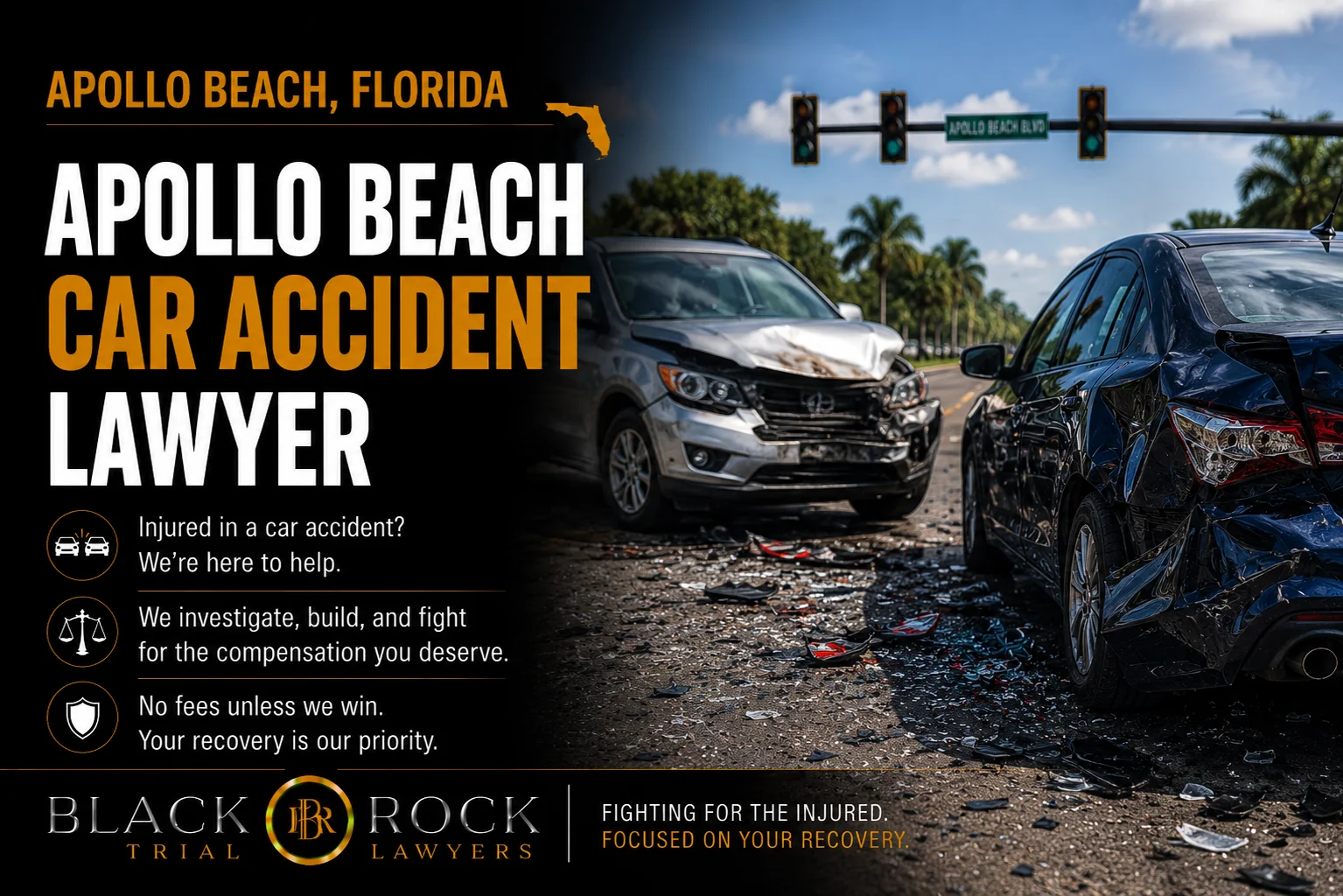 After a crash at Apollo Beach, Florida, a wrecked SUV and sedan sit at a signalized intersection beneath the Black Rock Trial Lawyers banner above.