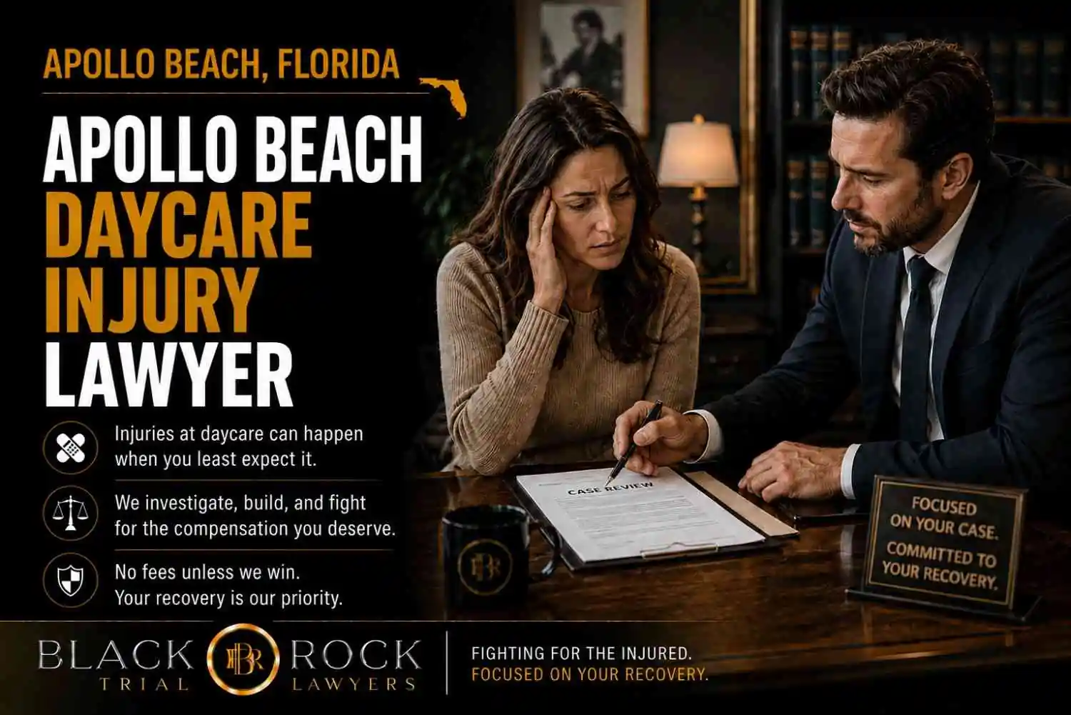 At Black Rock Trial Lawyers, an Apollo Beach daycare injury lawyer reviews a case with a concerned parent in a Florida office after a serious injury.