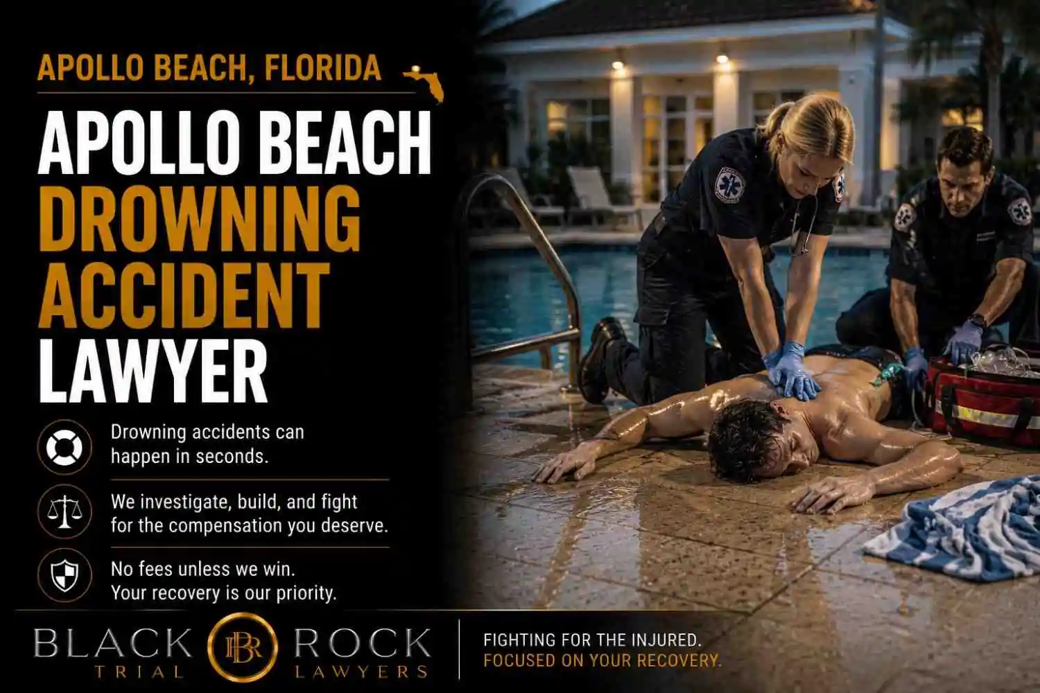 After an Apollo Beach drowning accident, Black Rock Trial Lawyers presents emergency responders giving CPR beside a pool at night in Florida.