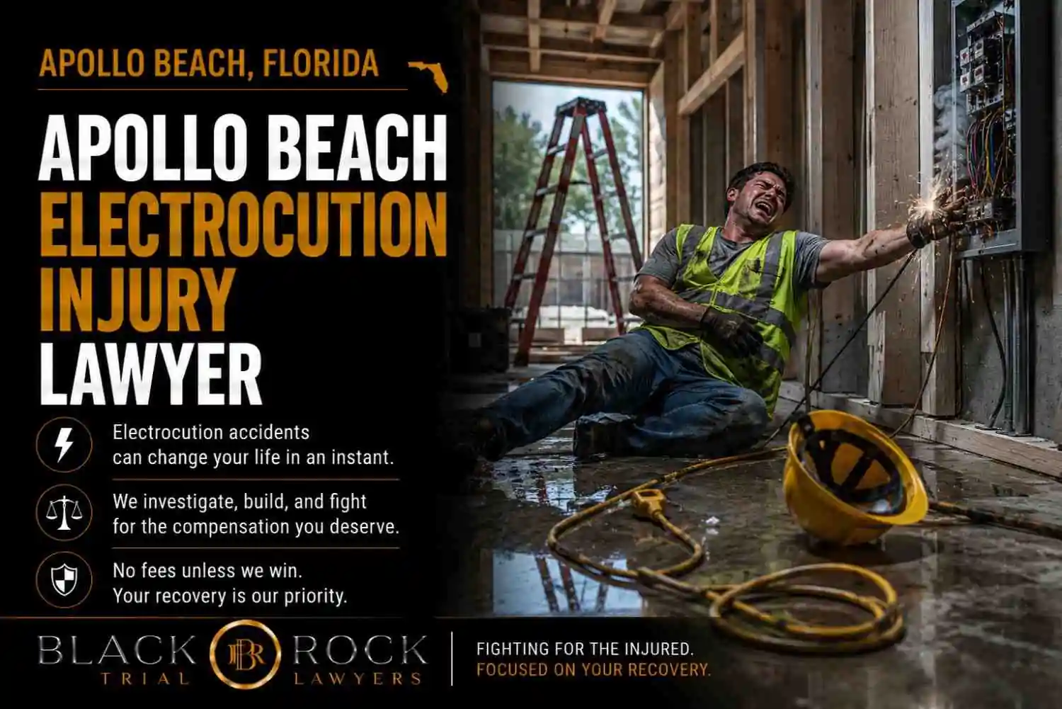 Apollo Beach electrocution injury lawyer graphic shows a contractor suffering a shock at an electrical panel during a construction job in Florida.