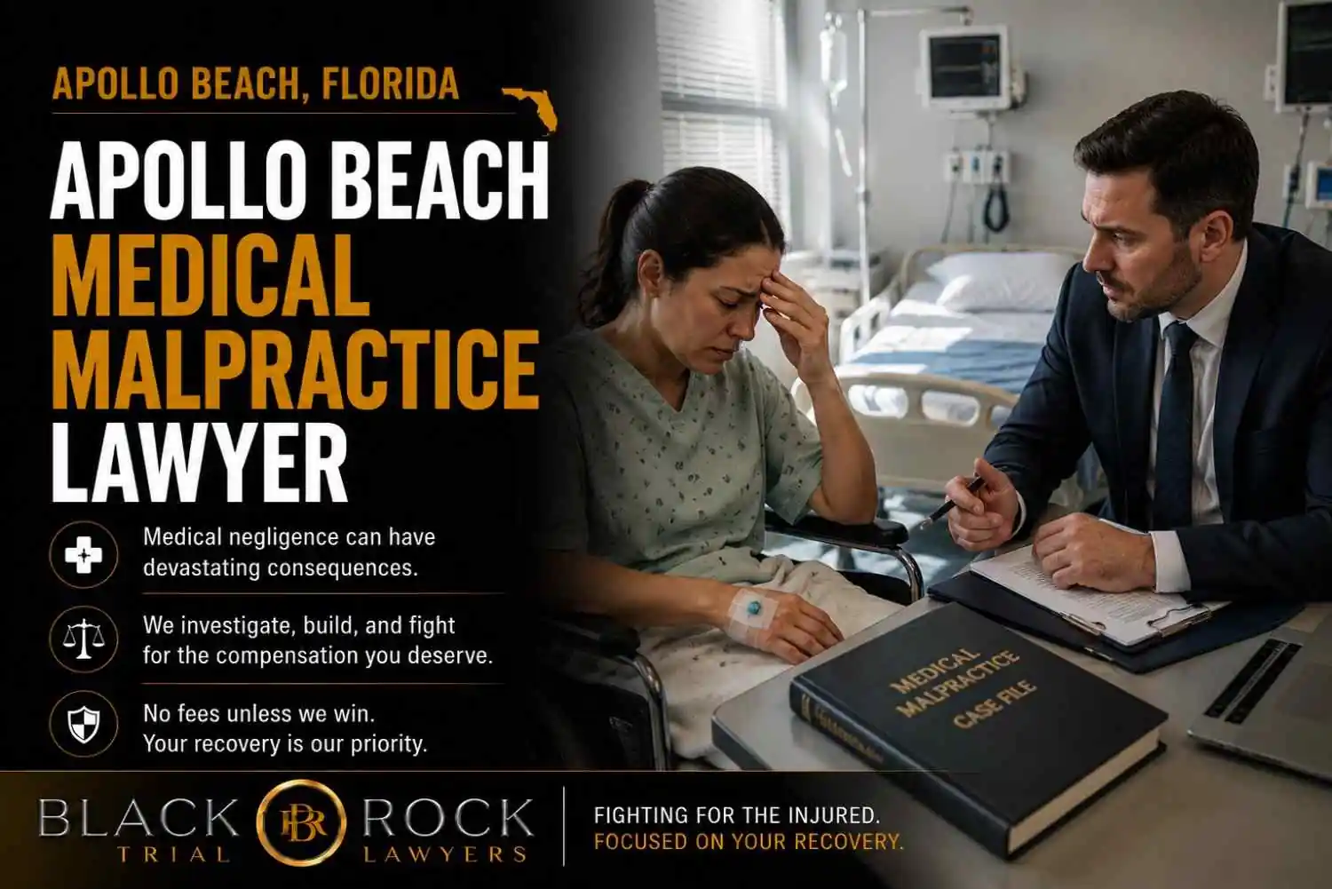 A distressed patient consults Black Rock Trial Lawyers about Apollo Beach medical malpractice, while the firm reviews negligence and injury claims.