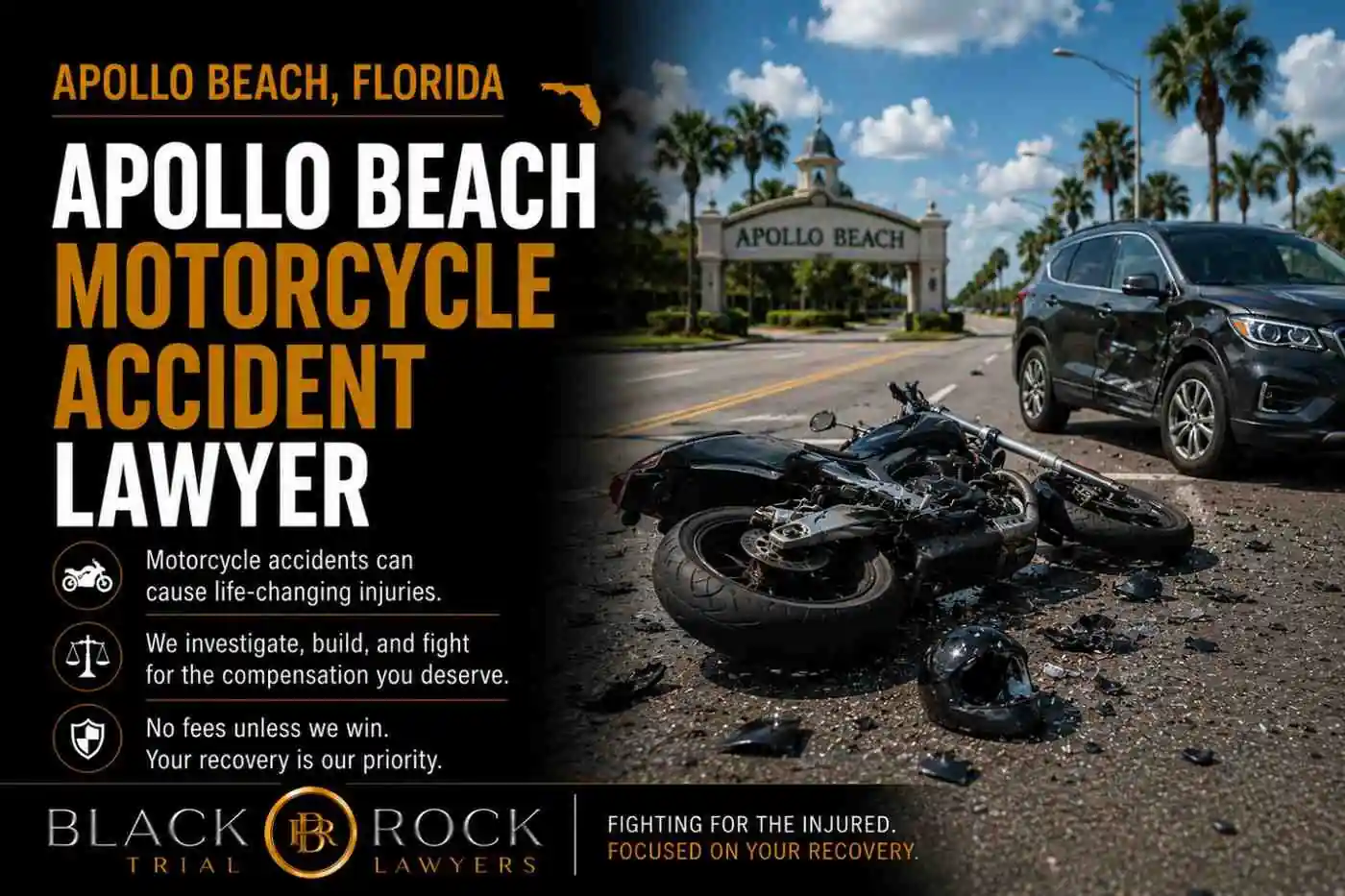 Apollo Beach, Florida motorcycle crash scene with Black Rock Trial Lawyers branding, a damaged SUV, a downed bike, and the Apollo Beach sign.