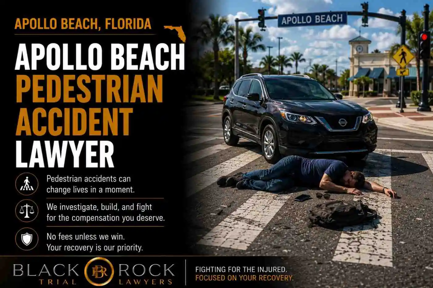 A Black Rock Trial Lawyers banner for an Apollo Beach pedestrian accident lawyer shows a car at a crosswalk and a man down after a crash in Florida.