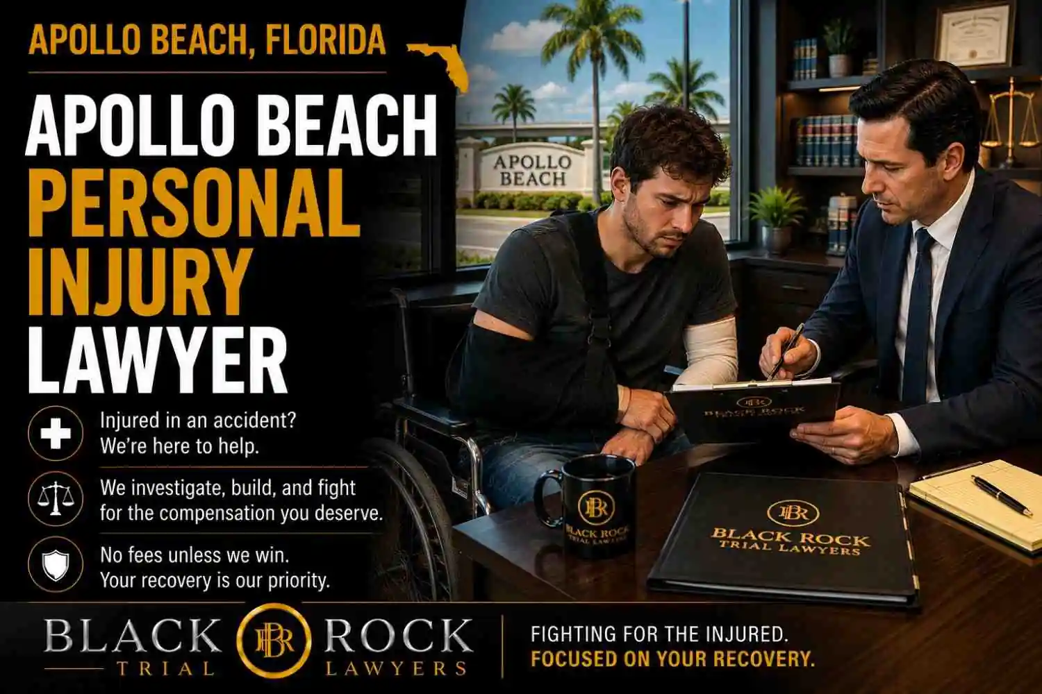 At Black Rock Trial Lawyers, an Apollo Beach personal injury lawyer reviews a claim with an injured man while the office window shows Apollo Beach, Florida.