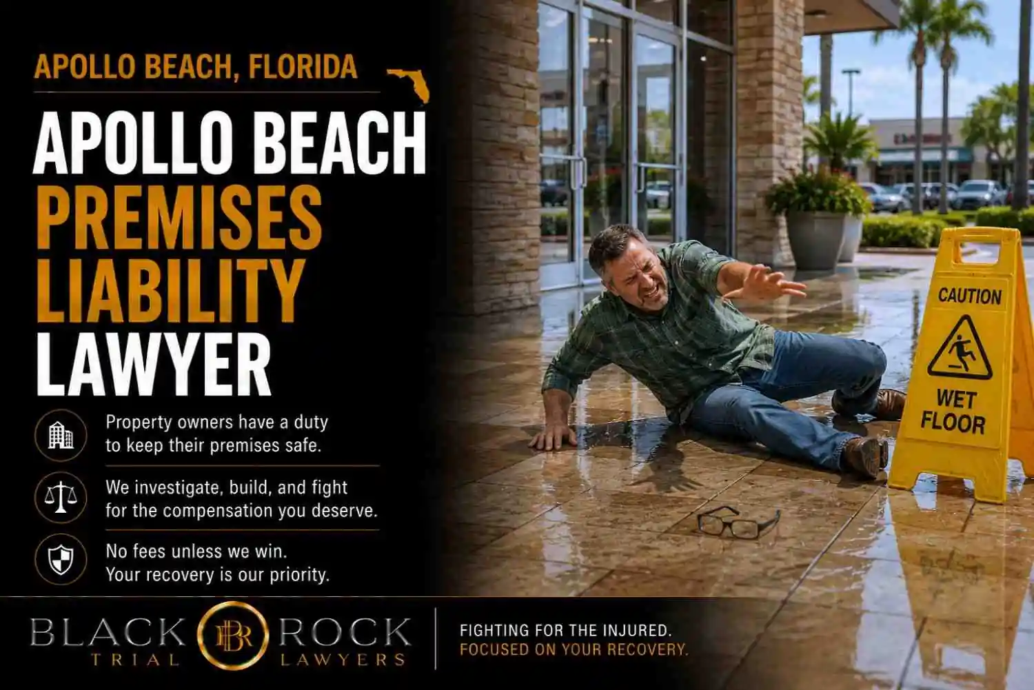 A man slips on a wet floor outside a storefront in Apollo Beach, Florida, beside a yellow caution sign and Black Rock Trial Lawyers branding.