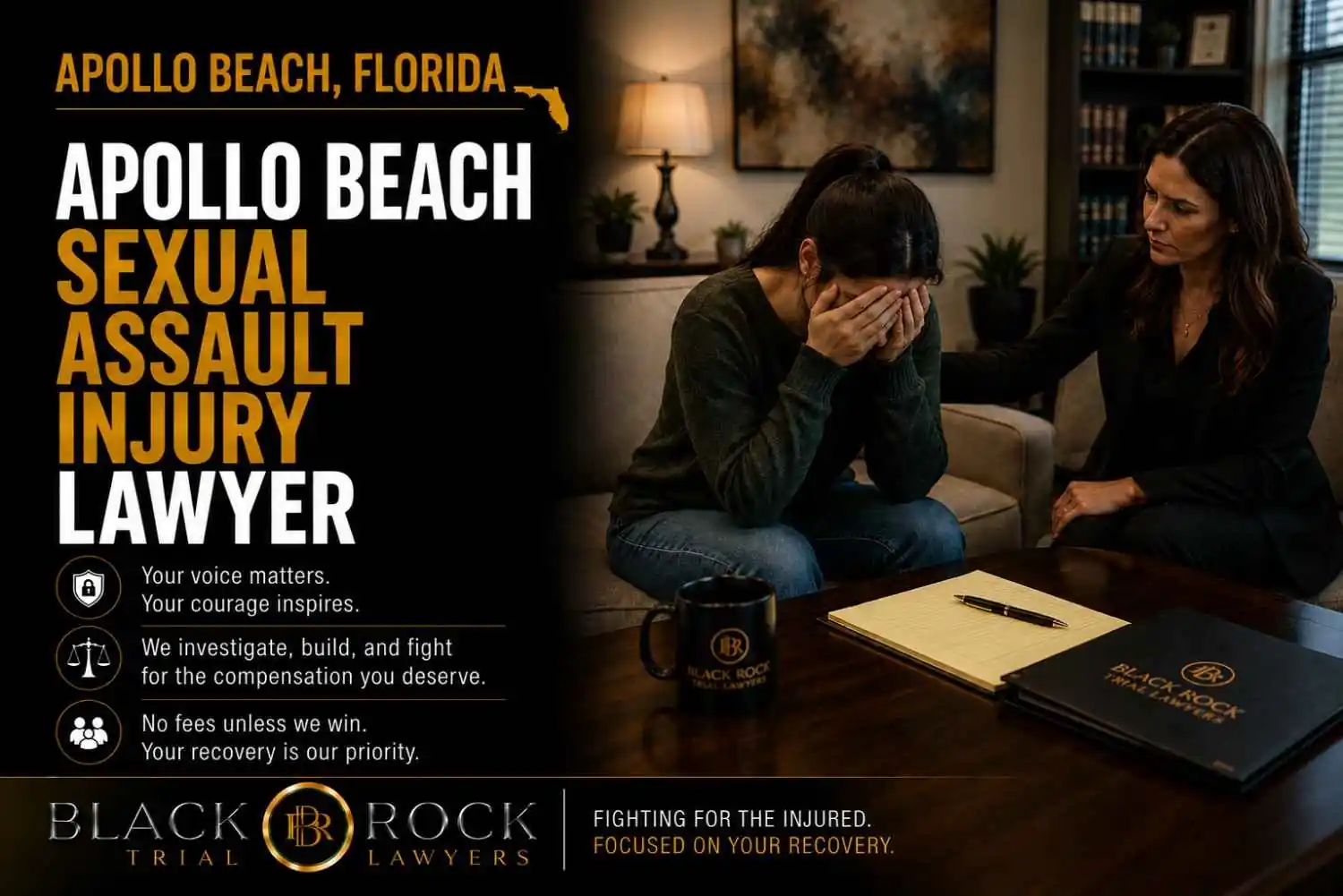 At Black Rock Trial Lawyers, an Apollo Beach sexual assault injury lawyer offers compassionate support while meeting with a distressed client in a private office.