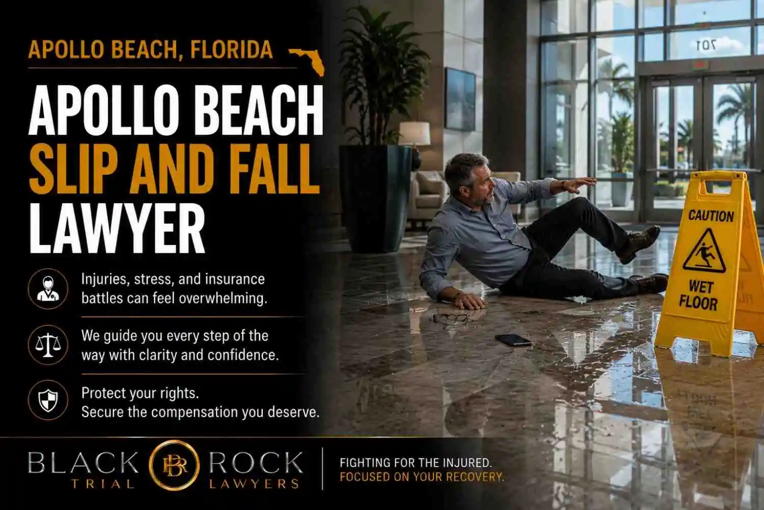 After a slip and fall in Apollo Beach, Florida, a man sits on a wet lobby floor beside a caution sign as Black Rock Trial Lawyers promotes injury help.