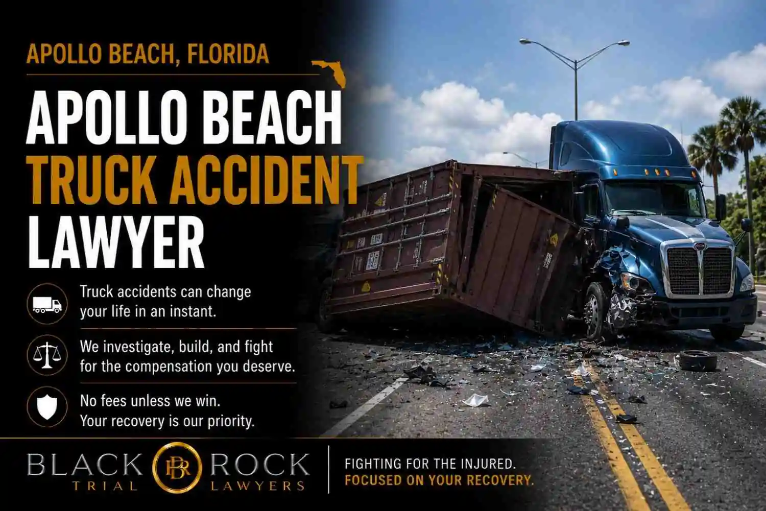 Apollo Beach Truck Accident Lawyer by Black Rock Trial Lawyers addresses a severe truck crash in Florida, with a damaged semi-truck and debris scattered across the road.