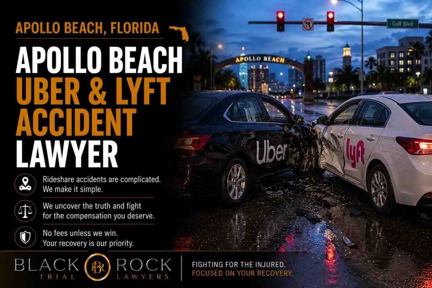 At Apollo Beach, Florida, an Uber sedan and a Lyft car collide on a wet road at night, with Black Rock Trial Lawyers branding nearby after a crash scene.