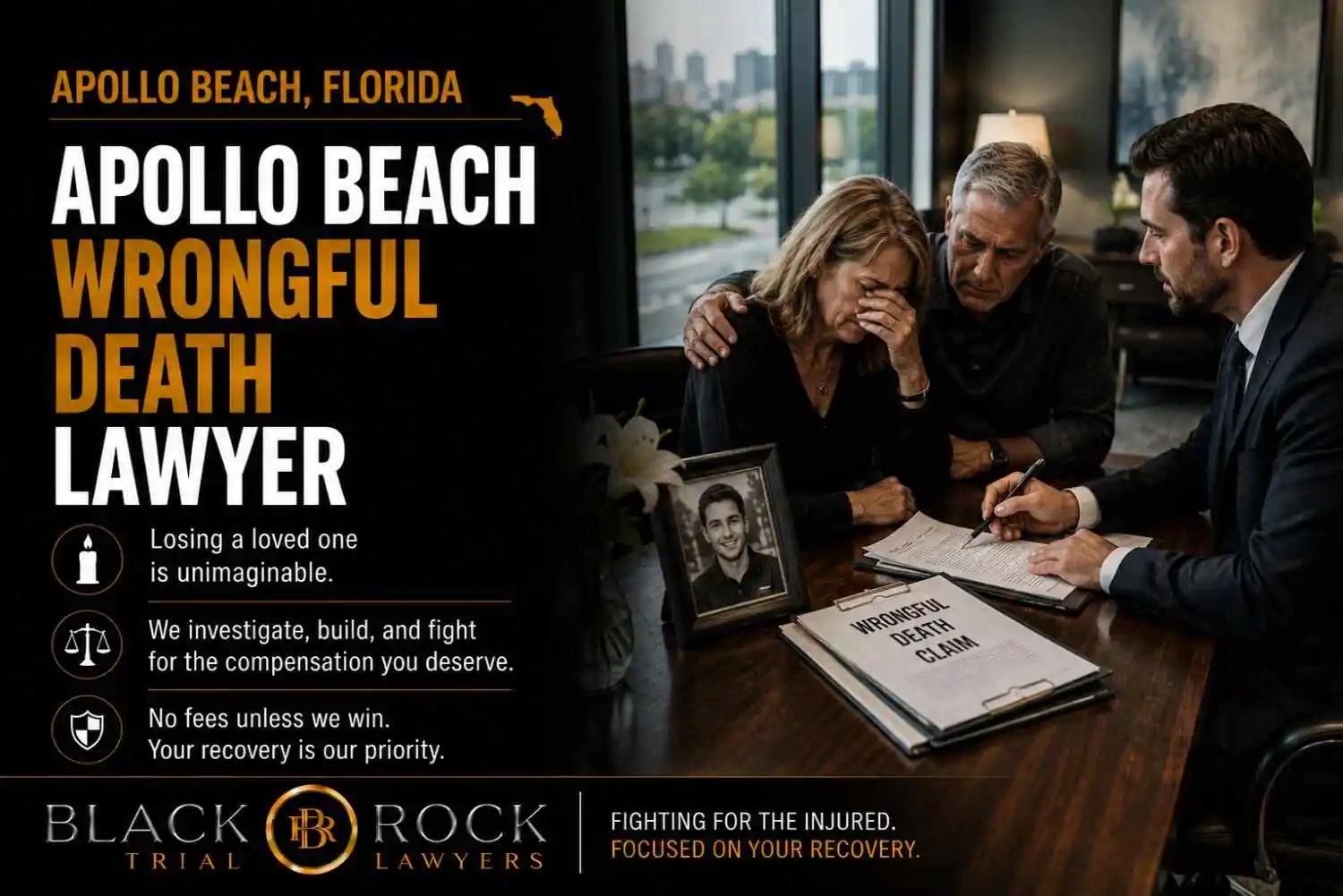 A grieving family meets with Apollo Beach wrongful death lawyer at Black Rock Trial Lawyers, reviewing a wrongful death claim after a fatal loss.