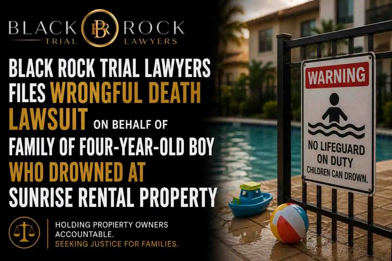 BLACK ROCK TRIAL LAWYERS FILES WRONGFUL DEATH LAWSUIT ON BEHALF OF FAMILY OF FOUR-YEAR-OLD BOY WHO DROWNED AT SUNRISE RENTAL PROPERTY