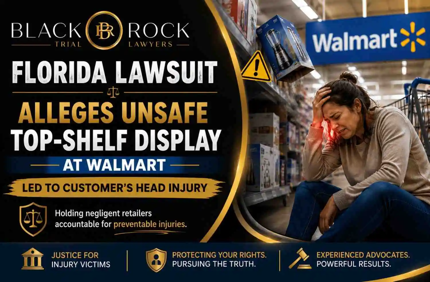 Inside a Walmart aisle, a distressed customer sits beneath a top-shelf display as a Florida lawsuit alleges the hazard caused a head injury.
