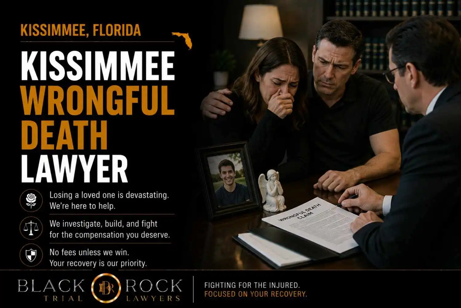 In Kissimmee, Florida, Black Rock Trial Lawyers meets with a grieving family about a wrongful death claim and discusses compensation and accountability.