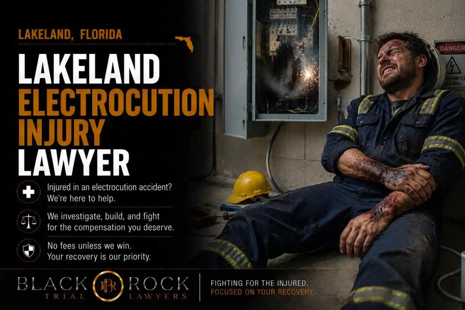 A shocked worker sits beside a sparking electrical panel in Lakeland, Florida, while Black Rock Trial Lawyers promotes electrocution injury help.
