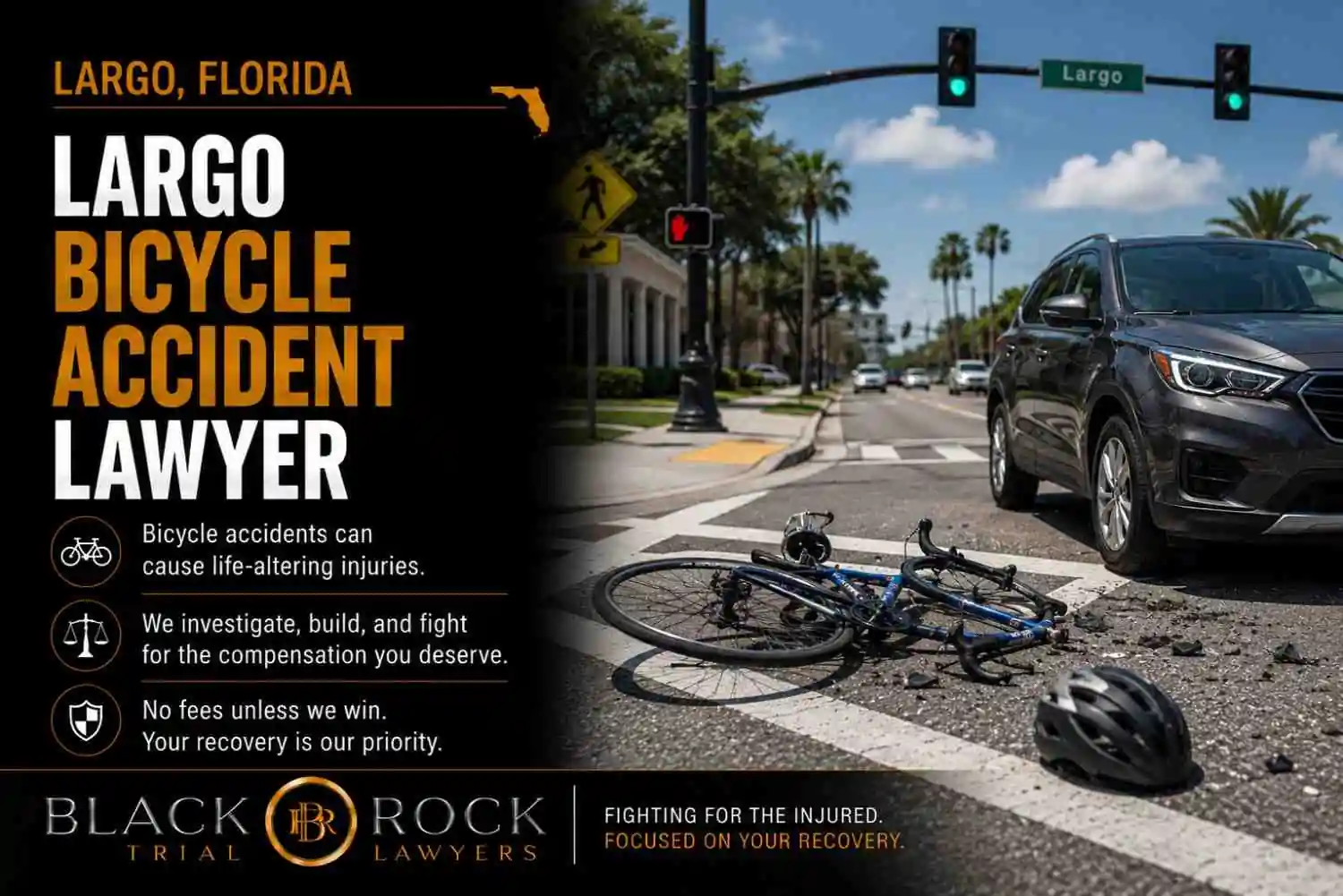 A Largo, Florida bicycle accident lawyer page shows a crashed bike at an intersection beside an SUV, with Black Rock Trial Lawyers branding and traffic lights overhead.