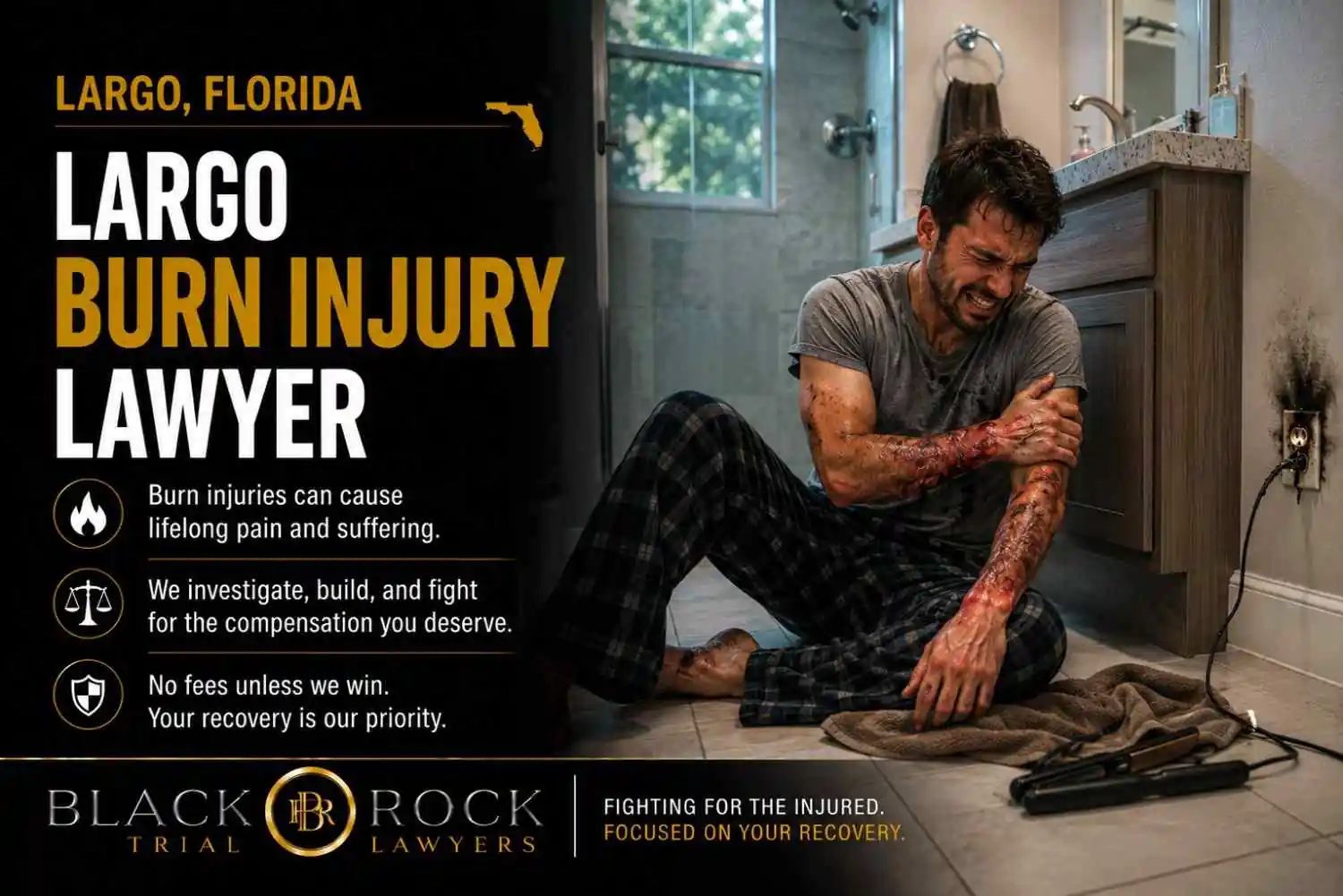 A burn injury victim sits on a bathroom floor with visible arm injuries beside burned wiring, alongside Largo, Florida Black Rock Trial Lawyers branding.