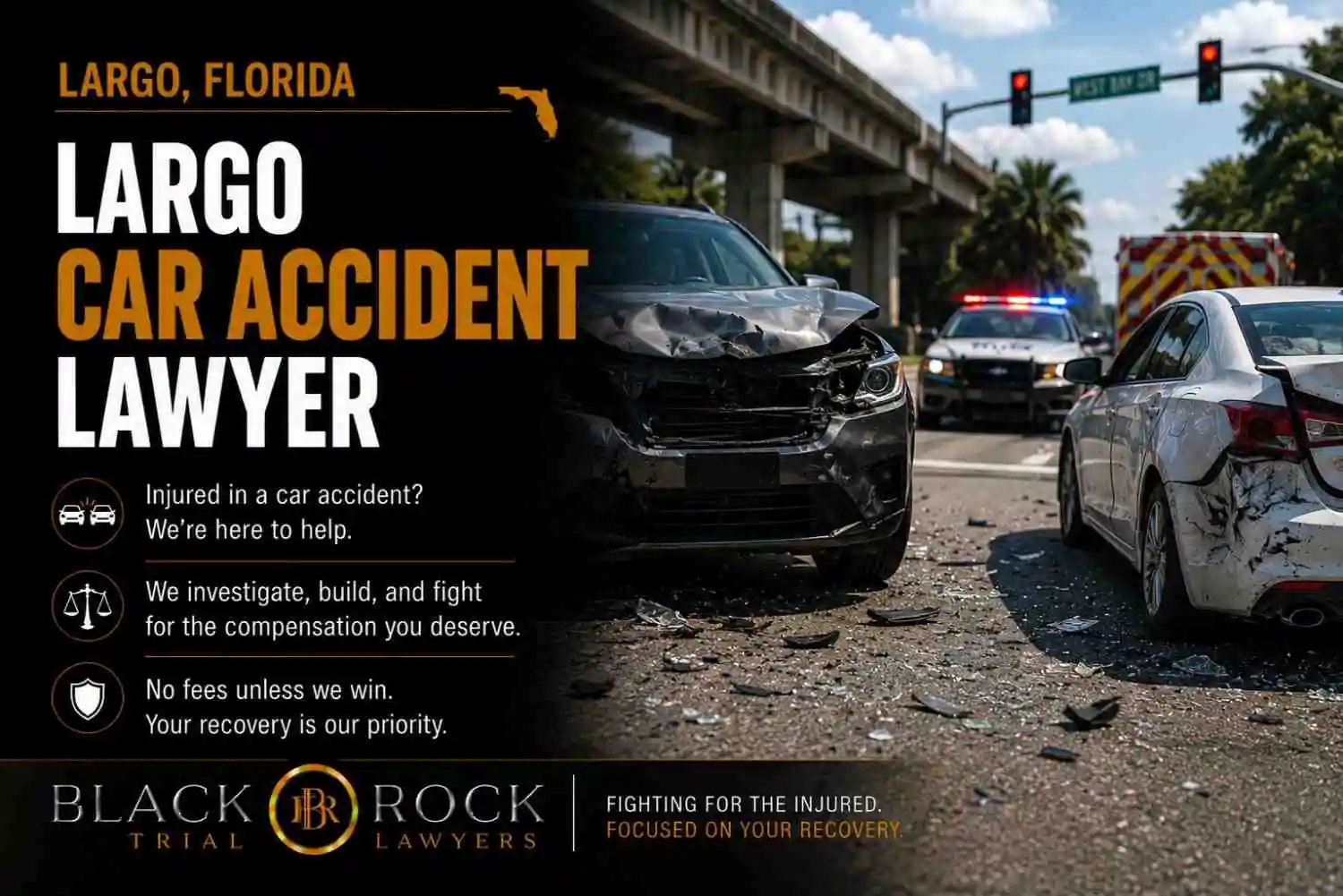 After a crash in Largo, Florida, Black Rock Trial Lawyers presents a car accident lawyer message beside wrecked vehicles and emergency lights.