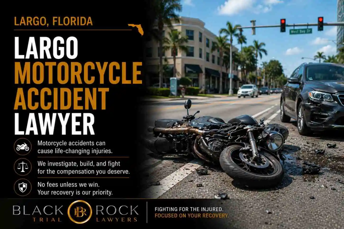 After a crash in Largo, Florida, a damaged motorcycle lies in the road beside a car, with Black Rock Trial Lawyers branding and accident warning text.