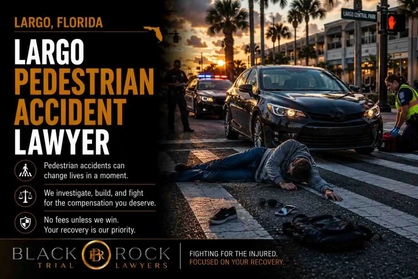 A pedestrian lies injured in a Largo, Florida crosswalk as police and a damaged car respond at sunset near Largo Central Park.