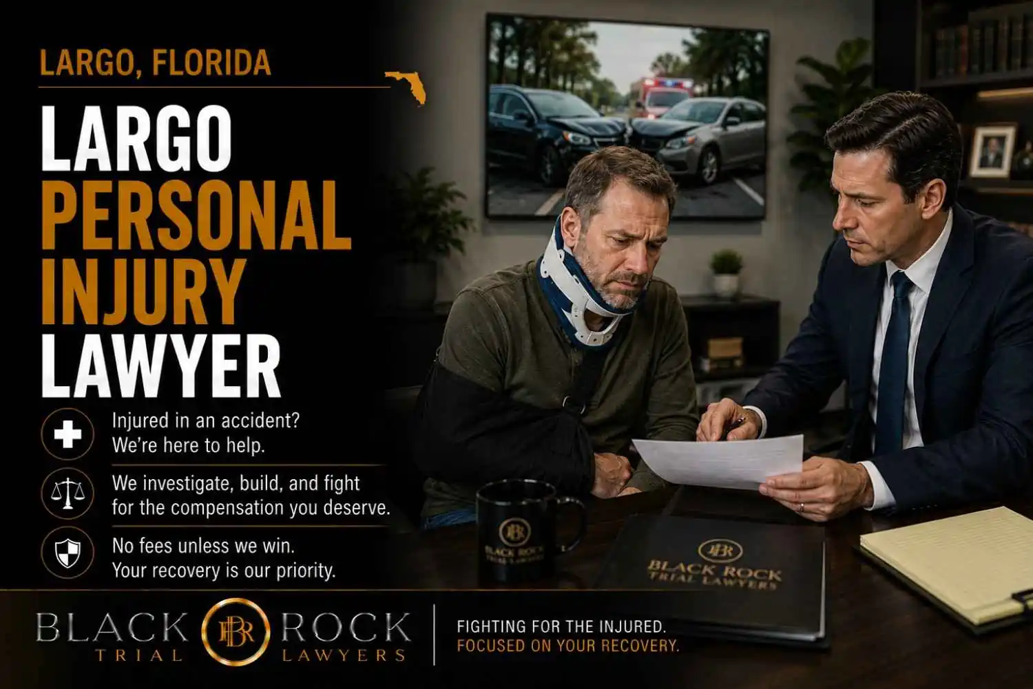 After a serious accident, a Largo personal injury lawyer from Black Rock Trial Lawyers reviews a claim with an injured client wearing a neck brace.