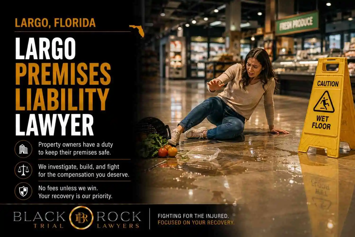 In Largo, Florida, a shopper slips on a wet floor near a caution sign, while Black Rock Trial Lawyers promotes premises liability claims and recovery.