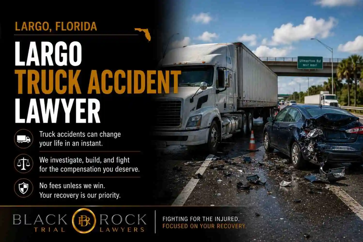 In Largo, Florida, a damaged sedan sits beside a semi-truck after a roadway crash, with Black Rock Trial Lawyers branding and the words Largo Truck Accident Lawyer.