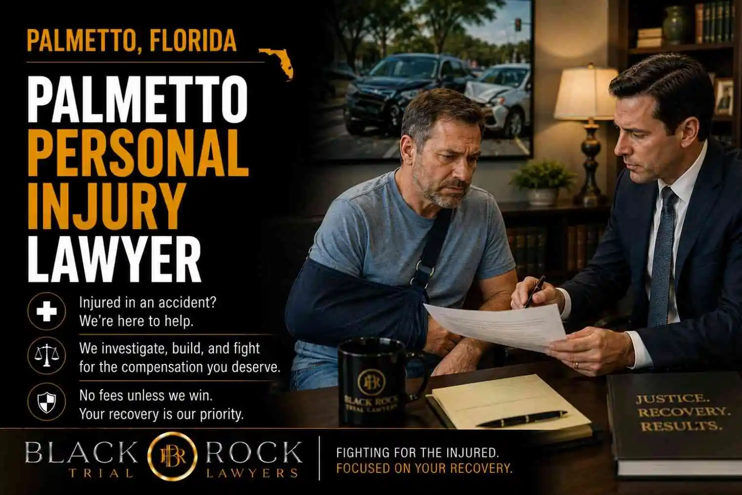 A man with a sling meets with a Black Rock Trial Lawyers attorney about a Palmetto personal injury claim after an accident in Florida today.