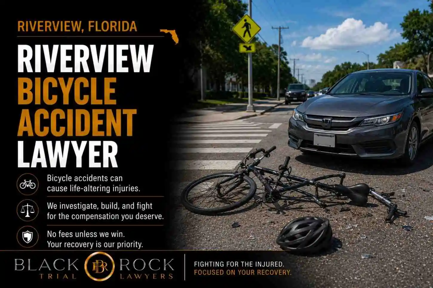 A Riverview Bicycle Accident Lawyer page from Black Rock Trial Lawyers shows a crash at a crosswalk with a damaged bicycle, car, and helmet.
