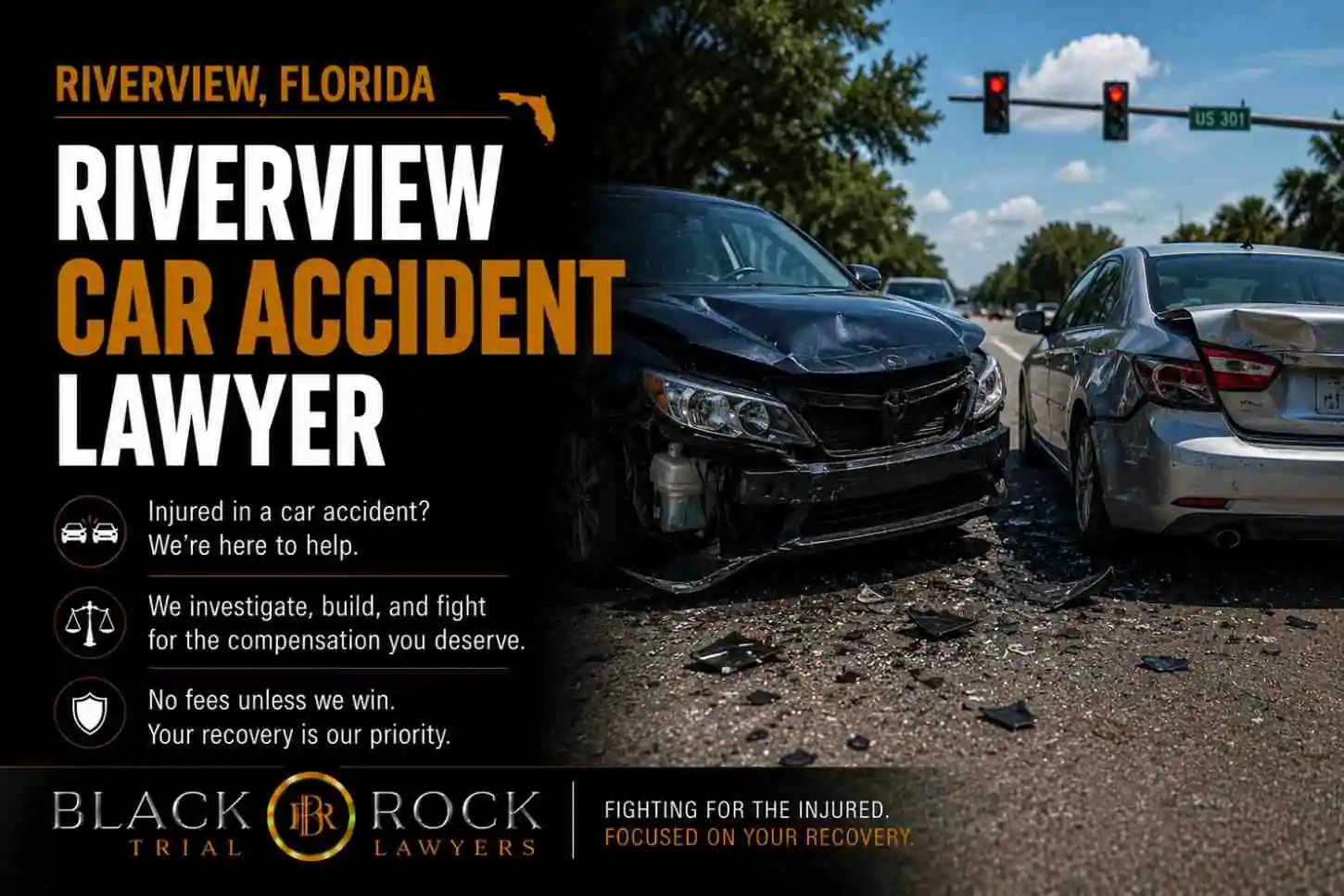 After a crash in Riverview, Florida, a black sedan and silver car sit damaged at an intersection as Black Rock Trial Lawyers promotes car accident help.