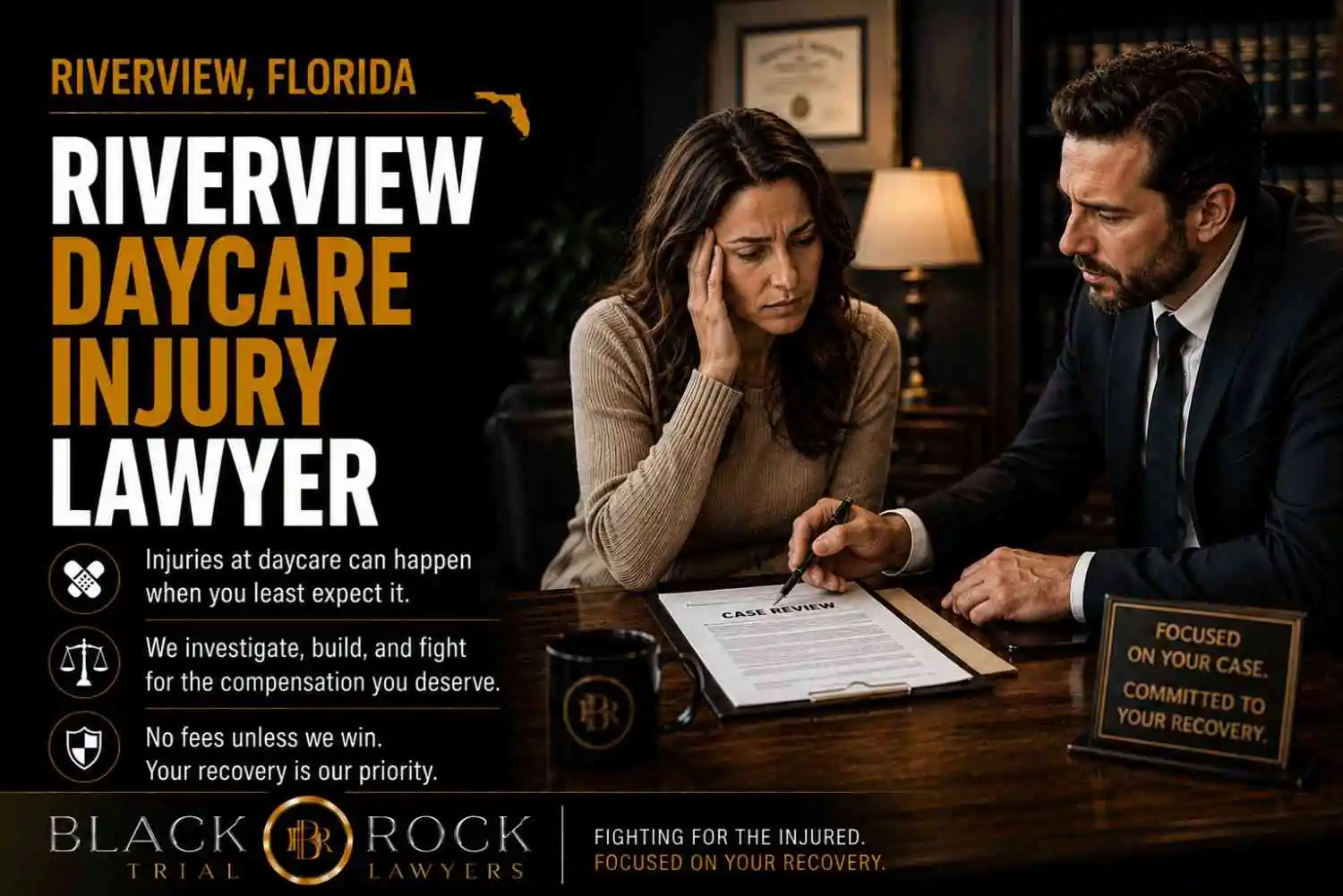 A Riverview, Florida daycare injury lawyer meets with a worried parent in a law office while reviewing a case for child injury compensation.
