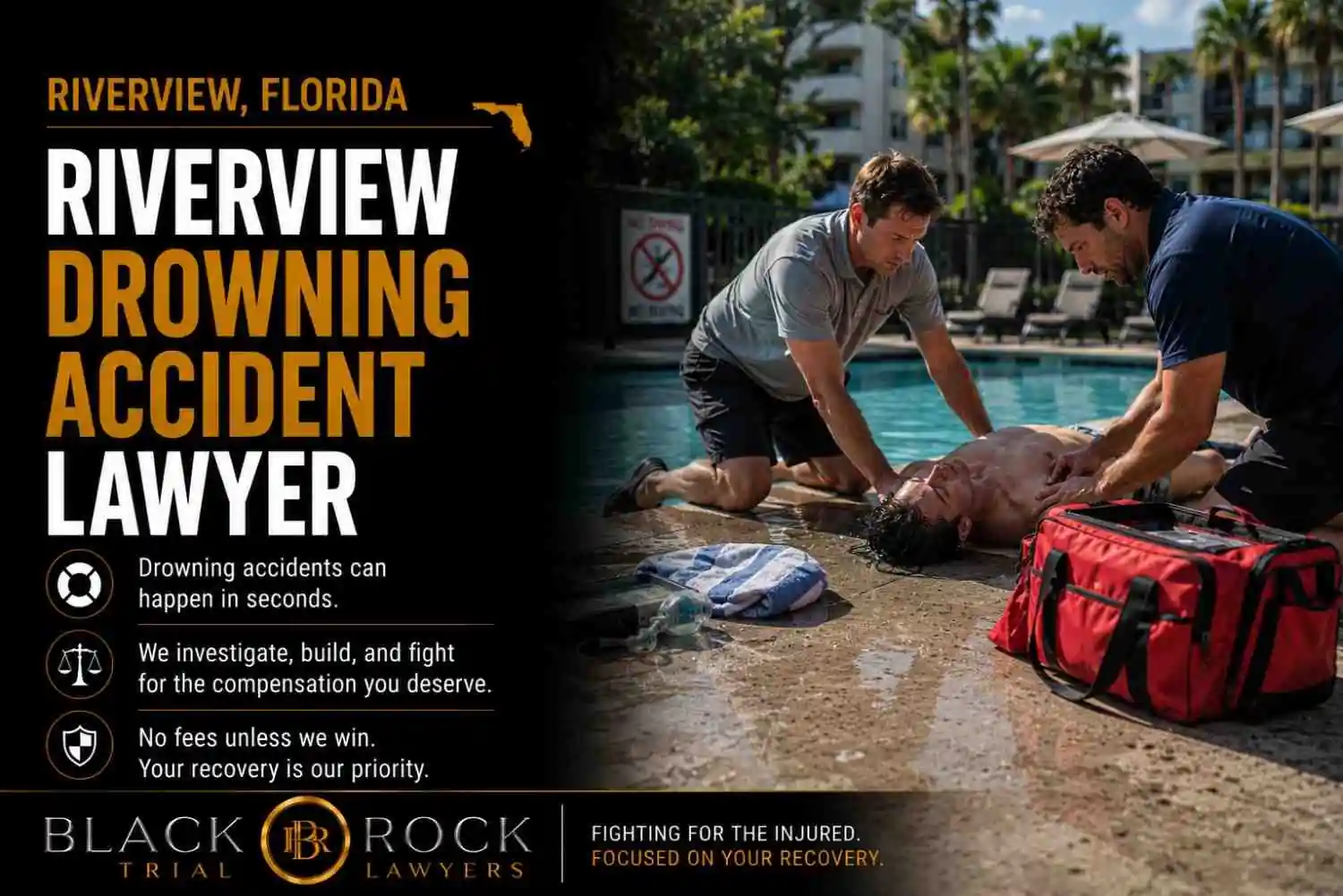 At Riverview, Florida, Black Rock Trial Lawyers shows poolside CPR after a drowning accident, with emergency gear and a rescue response scene.
