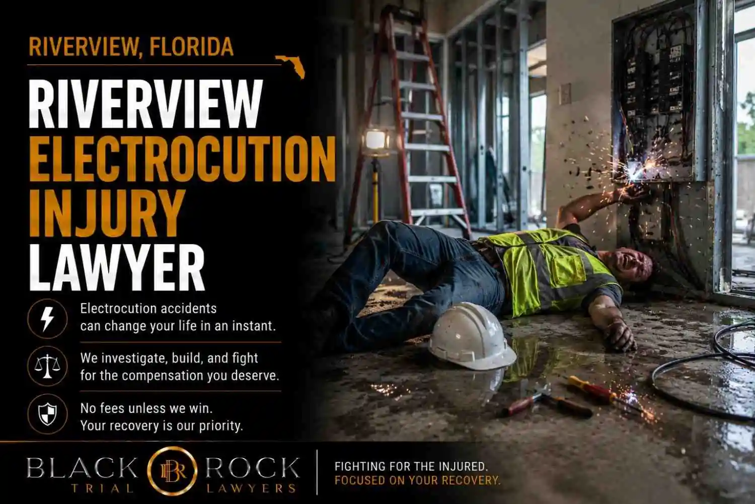 At a Riverview, Florida electrical panel, a worker lies injured after an electrocution accident, while Black Rock Trial Lawyers branding appears beside the warning text.